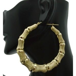 REAL 10K Yellow Gold 2 1/4 " 60mm Large Graduated Bamboo Hoop Earrings